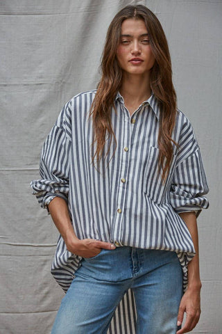 By Together Woven Cotton Striped Oversized Shirt
