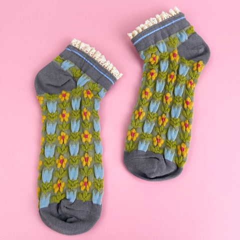 Gray Green Retro Court Style Floral Lace Socks