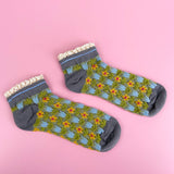 Gray Green Retro Court Style Floral Lace Socks